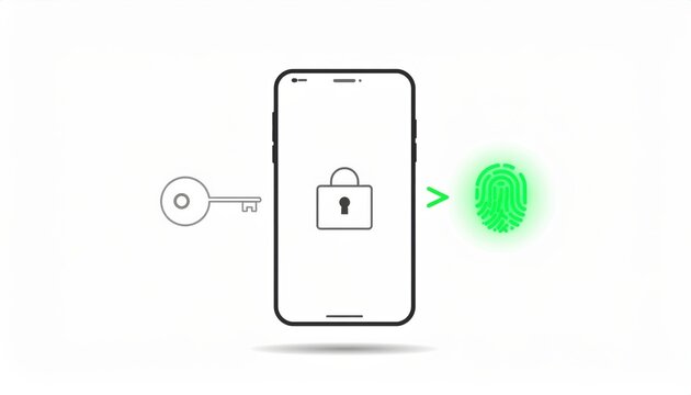 Smartphone unlocking using fingerprint scanner. Cybersecurity with biometrics in contemporary minimal linear style, modern technology, data protection - Powered by Adobe