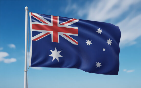 Australian flag waving proudly against a clear blue sky symbolizing patriotism and national pride of Australia