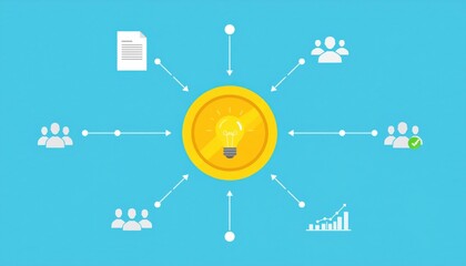 Idea generation, crowdfunding, community, flat design, business, financial success, lightbulb, coin, team, networking, document, growth, partnership.