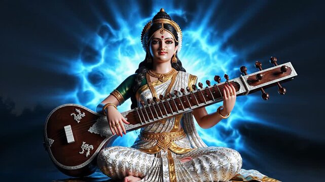 Dramatic 3d illustration of goddess saraswati playing the veena, radiating spiritual blue light for vasant panchami.