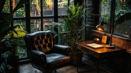 A dimly lit corner office with leather chair and plants.