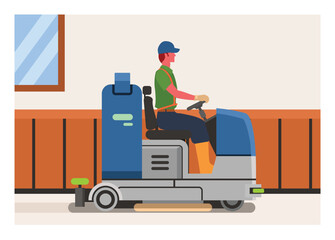 Cleaning service man riding scrubber machine inside a room. Simple flat illustration.