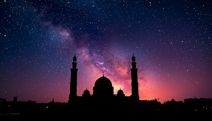 A stunning image of a mosque's silhouette against a vibrant starry night sky with a breathtaking galaxy, evoking feelings of serenity, peace, and spirituality.