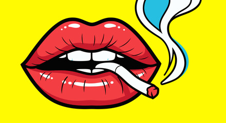 Obraz premium Pop art illustration of vibrant red lips holding a cigarette with smoke curling upwards against a bright yellow background.