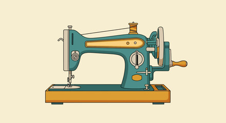 Fototapeta premium Vintage turquoise and yellow sewing machine with a wooden base, depicted in a flat illustration style.