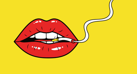Obraz premium A vibrant, close-up illustration of bright red lips with a cigarette held between them, with smoke trailing upwards against a solid yellow background.