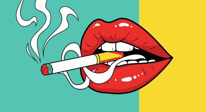 Close-up illustration of bright red lips smoking a cigarette with smoke swirling around.