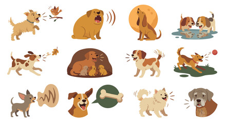 Fototapeta premium Barking dog vector collection in various scenarios. Set of cute puppies playing, howling at moon, and chasing birds. Flat cartoon pet behavior illustration isolated on white.