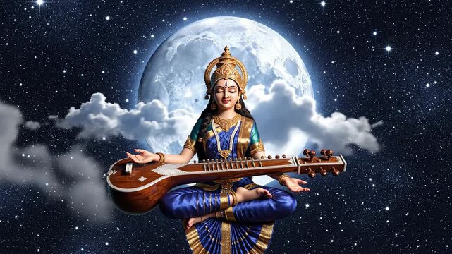 Serene goddess saraswati sits holding her veena, digitally rendered against a deep blue starry night sky and a dramatic full moon, celebrating basant panchami.
