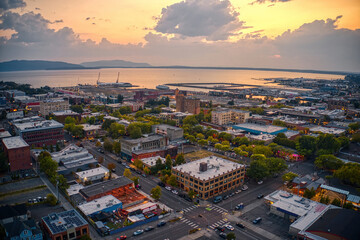 Aerial View of Bellingham, Washington during Summer Sunset
