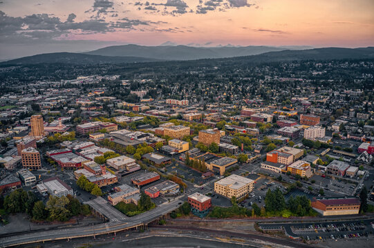 Aerial View of Bellingham, Washington during Summer Sunset
