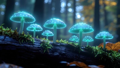 Glowing mushrooms cluster on mossy log in ethereal forest, magical bioluminescence, fantasy, nature, enchanting, glowing, whimsical, moody light