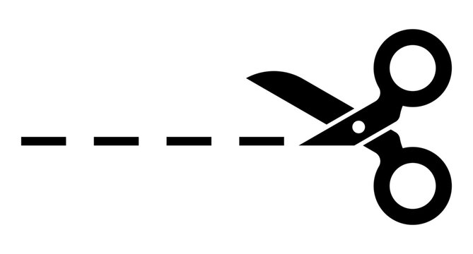 Scissors icon. Scissors with cut lines. Scissors silhouette. Cutting scissors icon. Cutting sign. Cut icon. Vector illustration