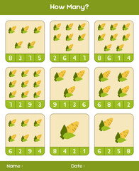 Count the number of vegetables. Educational mathematical game. Counting game for children. Kids activity sheet. Template for how many
