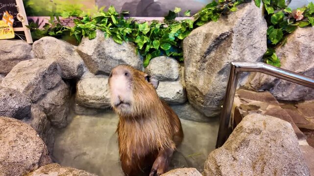 Capybara Relaxing at Japanese Animal Cafe Enclosure