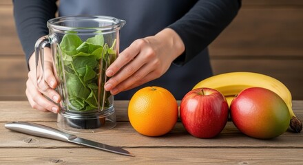 Person preparing a healthy fruit and spinach smoothie in a blender with fresh produce