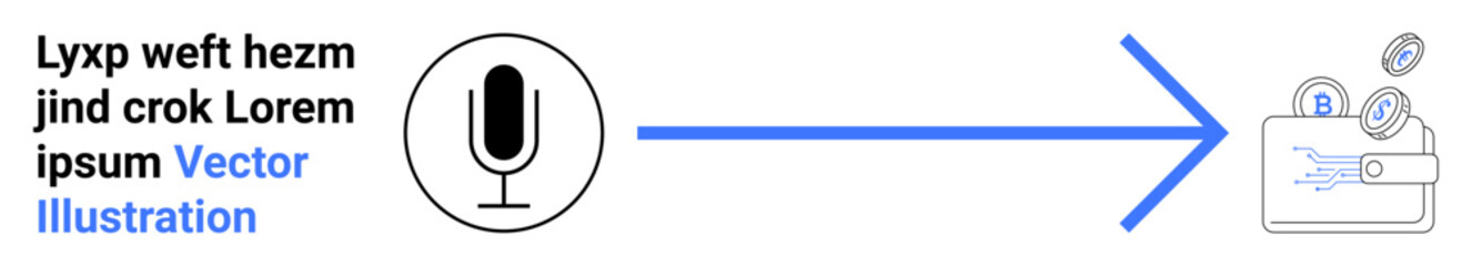 Obraz premium Voice recognition, digital wallet, fintech, online payment, cryptocurrency, data security. Microphone with arrow pointing to wallet with coins. Voice recognition and digital wallet concept