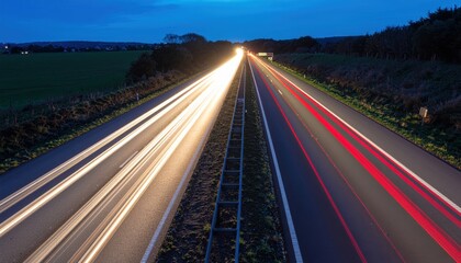 Night highway streaks with car headlight trails in motion, long exposure at twilight. Travel photography, modern, speed concept, rural.