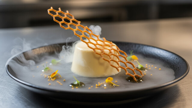 A honeycomb-shaped tuile over a honey panna cotta