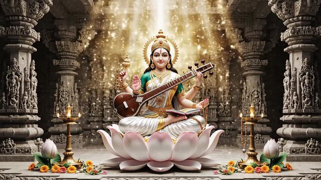 Golden light illuminates goddess saraswati playing the veena in a majestic temple, celebrating basant panchami.