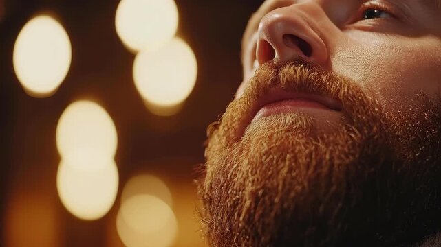 Close-up of bearded man looking upwards with soft bokeh background.