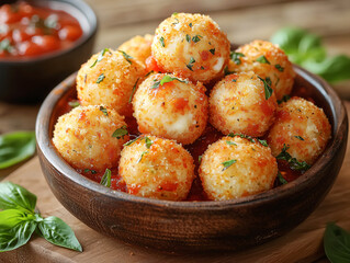Premium mozzarella cheese balls with herbs, marinara sauce and golden crispy texture. Gourmet street food. Fast-food appetizers, delivery services and upscale casual dining menu.