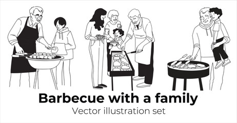 Family cooking together line vector minimalistic art. Vector illustration