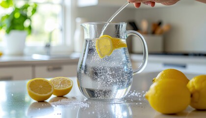 Hand adding lemon slice to pitcher of sparkling water on countertop, healthy drink preparation, refreshing beverage, modern kitchen, sunny day, lifestyle