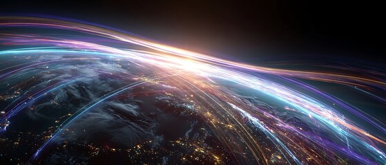futuristic digital economy, world connection lines, earth from space, colorful fintech network