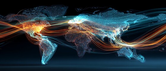 futuristic world map data network, glowing payment routes, digital finance visualization