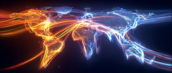 futuristic world map data network, glowing payment routes, digital finance visualization