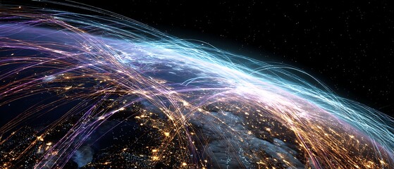 futuristic digital economy, world connection lines, earth from space, colorful fintech network