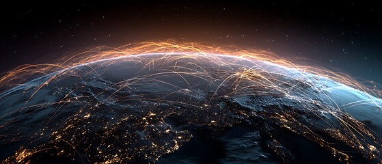futuristic digital economy, world connection lines, earth from space, colorful fintech network
