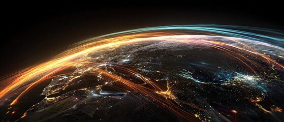 futuristic digital economy, world connection lines, earth from space, colorful fintech network