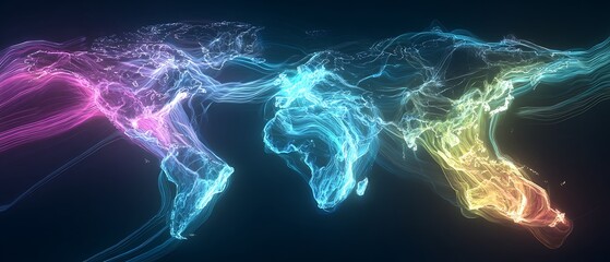 futuristic world map data network, glowing payment routes, digital finance visualization
