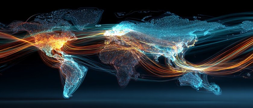 futuristic world map data network, glowing payment routes, digital finance visualization - Powered by Adobe