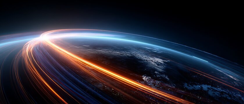 planet earth from space, glowing global data lines wrapping around the world, digital payment network visualization - Powered by Adobe
