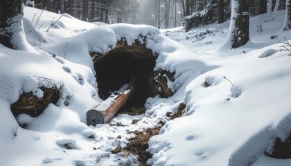 Snowy forest landscape, water drain with log, winter scene, nature photography, environmental management, cold weather, seasonal change, outdoors