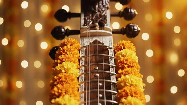 A close-up of the sacred veena, adorned with marigold garlands, glowing warmly during the basant panchami celebration.