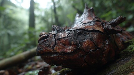 Obraz premium Close-up of a creature's ancient, cracked, leathery skin with a forest in the blurred background