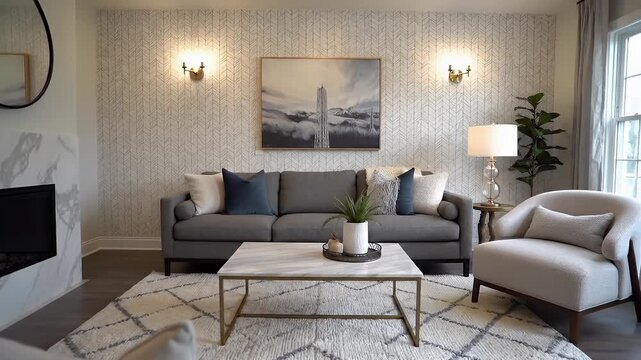 Bright Contemporary Living Room With Neutral Tones, Soft Lighting, And Comfortable Seating