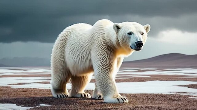 Majestic polar bear standing on melting Arctic ice with stormy sky