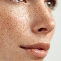 Fototapeta premium Macro image of combination skin with visible pores and natural texture on white background