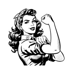 Fototapeta premium Strong confident Caucasian woman flexing her bicep with a determined happy smile in a vintage pop art illustration