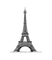 Eiffel Tower Detailed Engraved Illustration Black and White Vector Art Drawing of Parisian Landmark