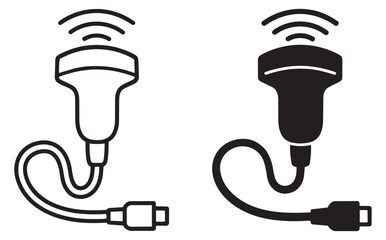Medical device icon set featuring a line art and solid silhouette ultrasound probe for diagnostic imaging and healthcare concepts