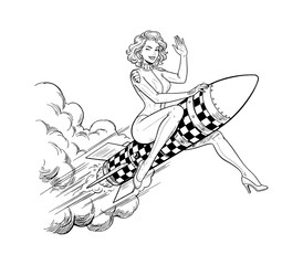 Obraz premium Smiling Winking Pinup Woman Riding Rocket Waving Hand Flying Through Sky Retro Illustration Line Art