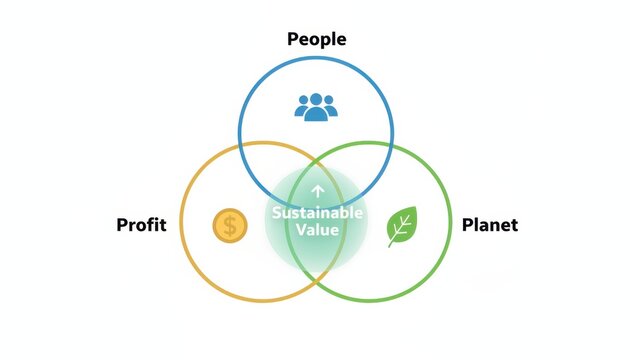 Sustainable value diagram, Venn style, featuring overlapping circles of people, profit and planet, environmental concept, corporate social responsibility