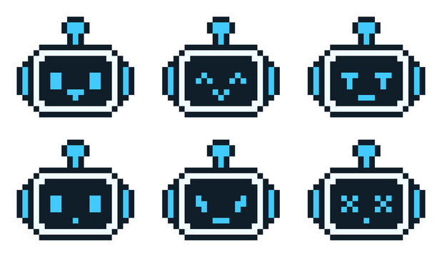 8-bit pixel art AI robot face emoji set