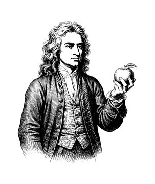 Isaac Newton a Caucasian man holding an apple with a thoughtful expression in a detailed black and white vintage engraving illustration